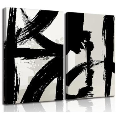 Imagem de BOKPEN Arte de parede em tela com traçado de pincel preto e branco moderna abstrata minimalista linha de tinta imagem impressão geométrica de meados do século pôster arte de grafite retrô para