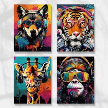 Imagem de QPOKLAF Arte de parede em tela de graffiti colorido, animal, pôster, leão, tigre, cachorro, orangotango, girafa, pinturas descoladas, arte pop, parede, para adolescentes, meninos, crianças, sala de