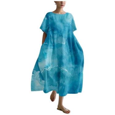 Imagem de Vestido MARSVOVO azul de linho para mulheres de verão plus size 2024