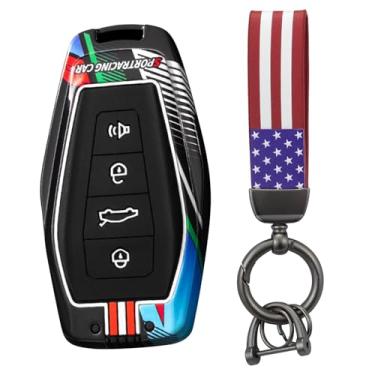 Imagem de HIBEYO Capa de chaveiro de 4 botões compatível com Geely Coolray X6 Emgrand Global Hawk GX7 Acessórios modernos de metal pintado com chaveiros da bandeira dos EUA - 4 botões TRUMPET Black