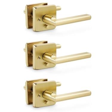 Imagem de Linkaa Fechadura de porta sem chave de latão escovado com alça, maçaneta dourada para quarto de banho, conjunto de fechadura de porta frontal (privacidade, trava de botão, pacote com 3)