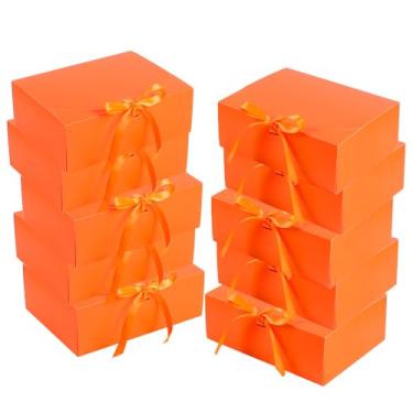 Imagem de Pacote com 10 caixas de presente com fita, 25 x 19 x 9 cm - Caixas de lembrancinhas de casamento em cartolina para propostas de dama de honra, embalagem de presente de aniversário e feriado (laranja)