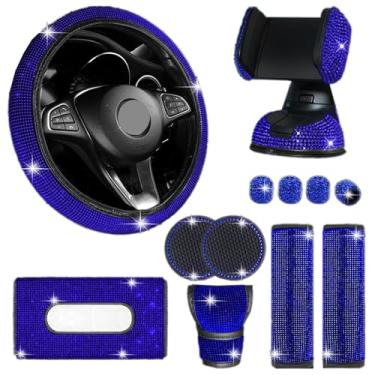 Imagem de MINGZAIQIPEI Pacote com 12 acessórios de carro brilhantes para mulheres, capa de volante com ajuste universal de 38 cm, cinto de segurança, capa de câmbio de marchas, suporte para celular, porta-copos