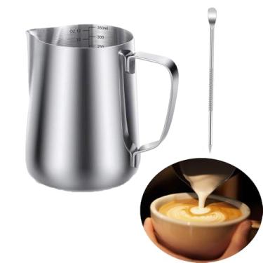 Imagem de Jarra de espuma de leite com caneta de arte latte bônus, copo de espumador de leite de 340 g com escala transparente, aço inoxidável 304, acessórios para máquina de café expresso para cafeteria
