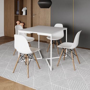 Imagem de Mesa Jantar Industrial Branca 90x90cm Base V Ferro Branco com 4 Cadeiras Eames Eiffel Madeira Branca