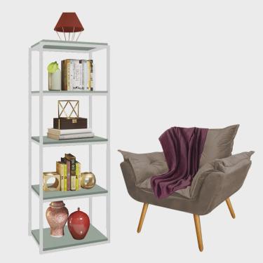 Imagem de Kit Poltrona Fatte com Manta Soft Bordô e Estante Livreiro Ferro Branco mdf Verde Oliva Suede Bege - Ahz Móveis