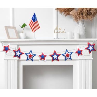 Imagem de Whaline Banner de feltro patriótico com estrela 3D bandeira pré-amarrada vermelha azul branca 4 de julho guirlanda para decoração de pendurar no Dia da Independência