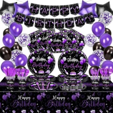 Imagem de Lousuip 219Pcs Roxo Preto Decorações De Aniversário Artigos Para Festa Para Mulheres Homens Meninas Roxo E Prata Pratos De Aniversário Guardanapos Copos Conjunto De Talheres Com Banner Toalha De Mes