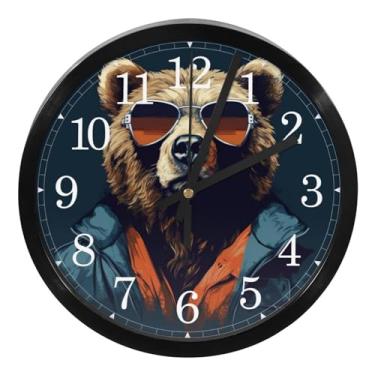Imagem de LILINWAN Urso retrô com óculos relógio de parede redondo operado por bateria silencioso sem tique-taque movimento de varredura capa de vidro para cozinha, quarto, escritório em casa, decoração de sala