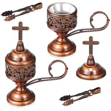 Imagem de Zonon 2 conjuntos de queimadores de incenso com pinça, suporte de incenso de carvão e olíbano, ideal para ioga, spa, aromaterapia, incensário doméstico e igreja cristã (cobre vermelho)