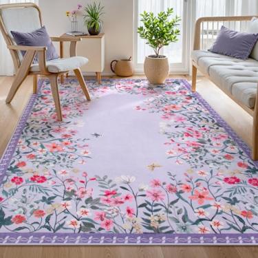 Imagem de Wonnitar Tapete lavável, tapetes roxos 12 x 18 cm para sala de estar, estampa floral, antiderrapante, rosa, tapete para quarto de meninas, macio e grande para quarto de bebê de crianças (roxo, 1,5 x