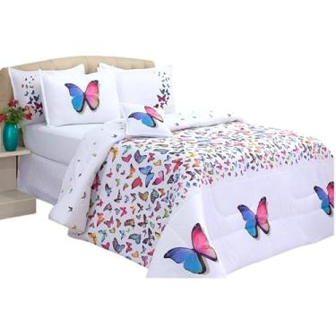 Imagem de Kit 4 Peças Edredom Cobertor Casal Queen 2,50m x 2,40m Micropercal com Porta Travesseiro 70x50 e Capa de Almofada 40x40 Estampado Borboleta Branco