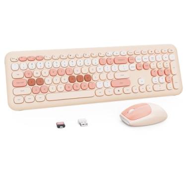 Imagem de Nowlike Combo de teclado e mouse sem fio, teclado de máquina de escrever retrô com teclas redondas, ergonômico, marrom, ideal para Windows PC, casa, escritório e faculdade, combo de teclado sem fio e
