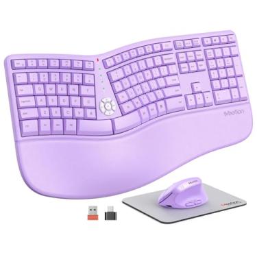 Imagem de MEETION Teclado e mouse ergonômicos sem fio, mouse vertical ergo, teclado dividido, descanso de mão acolchoado, recarregável, tamanho completo, digitação natural, Windows/Mac/computador/PC, roxo
