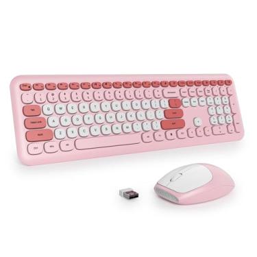 Imagem de surmen Lindo combo de teclado e mouse sem fio, teclado rosa sem fio com mouse silencioso, teclado fino de baixo ruído, teclas redondas de toque suave para casa e escritório, rosa 666