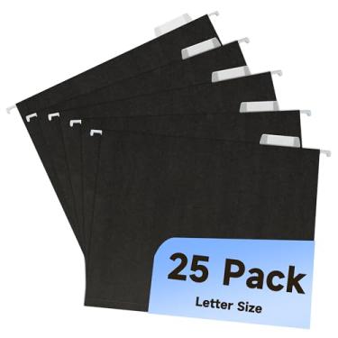 Imagem de pmybupo Pastas de arquivo suspensas, pacote com 25 pastas de arquivo pretas tamanho carta com abas cortadas em 1/5, estoque de papel de 11 pontos, volume para armário de arquivo