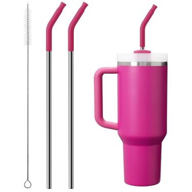 Imagem de Bluwing Canudo de metal repetível com pontas de silicone para copo Stanley de 850 g, 2 canudos de aço inoxidável de 850 g de substituição para copo Stanley, 1 escova de palha, livre de BPA (vermelho