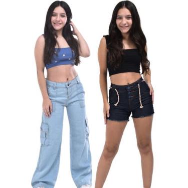 Imagem de Kit calça cargo + short jeans feminino infantil juvenil 10 ao 16 premu