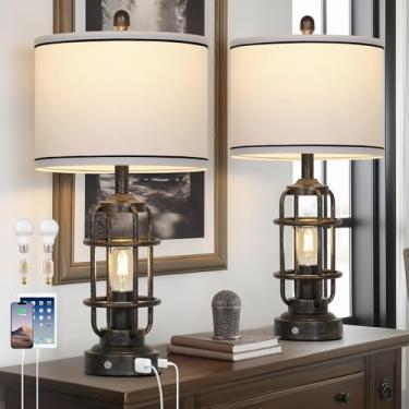 Imagem de Lolikit Conjunto De 2 Luminárias Mesa Industriais Vintage 26", Estilo Fazenda, Com 3 Vias, Controle Por Toque, Luzes Noturnas Led, Portas Usb A+C E Tomada Ca, Cabeceira Rústica Retrô Para Quartos, C