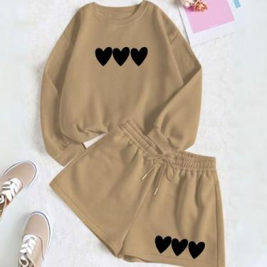 Imagem de Kit Com 2 Peças Moletom GOLA CARECA E Short Feminino Estamp Três Coraç