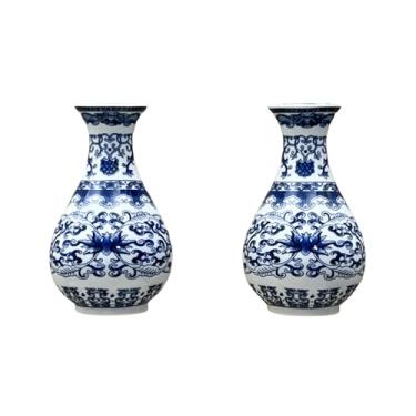Imagem de TDIAVH Conjunto de dois vasos de parede de porcelana azul e branca para flores – Vaso de flores de cerâmica feito à mão, vasos decorativos pendurados para sala de estar, estante de livros e decoração