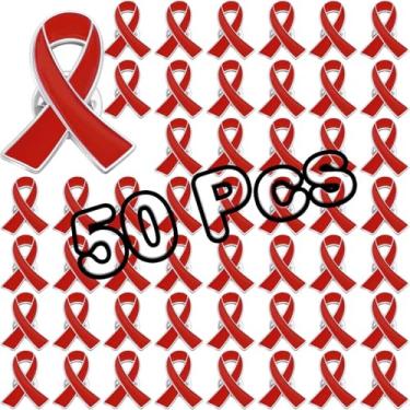 Imagem de 50 pinos de fita vermelha a granel para conscientização sobre HIV AIDS, prevenção de drogas, conscientização de doenças cardíacas, alfinetes de conscientização de fita vermelha para homens, mulheres e