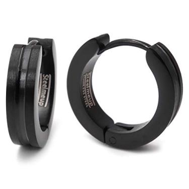 Imagem de Steelmeup Brincos de argola masculinos listrados de aço inoxidável 2 tons, ouro, preto, prata, 16 mm, Aço inoxidável