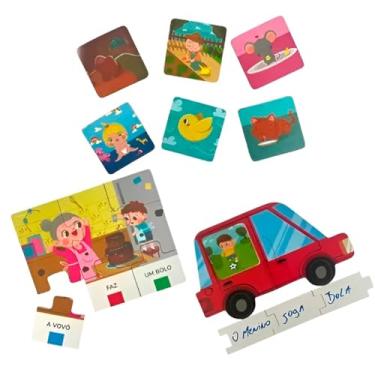 Imagem de Quebra-Cabeça Didático Primeiras Frases, 6 Jogos + 8 Cards Ilustrados, MDF, a partir de 4 Anos