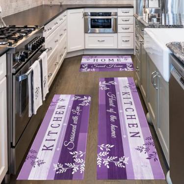 Imagem de Conjunto de 3 peças de tapetes de cozinha roxos com corredor, lavanda boho folhas florais tapete de cozinha tapete roxo decoração de cozinha e acessórios para casa