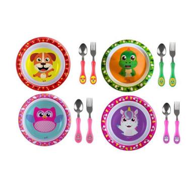 Imagem de Kit Prato Raso Infantil + Talher Inox Personagem Colorido - Arts, Cach