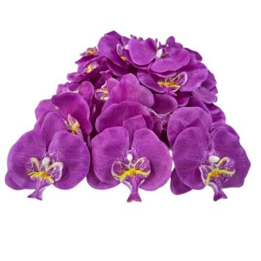 Imagem de Corkwaw 50 peças de pétalas de orquídea, decorações artificiais, orquídeas, flores, seda sintética, Phalaenopsis, borboleta, flores para decoração de festa de casamento feita à mão (roxo escuro)