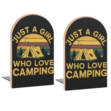 Imagem de Girl Who Love Camping Book Ends Decorativo Madeira Bookends para Prateleiras Quarto Infantil Mesa Home Office Rolhas de Livros para Revistas, Livros, DVDs, 1 Par/2 Peças (12,7 x 7,9 cm)