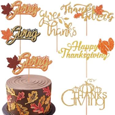 Imagem de 6 peças de topo de bolo de feliz ação de graças dourado laranja glitter outono folha de bordo abóbora peru cupcake picaretas carta de agradecimento topo de bolo para festa de outono sobremesas