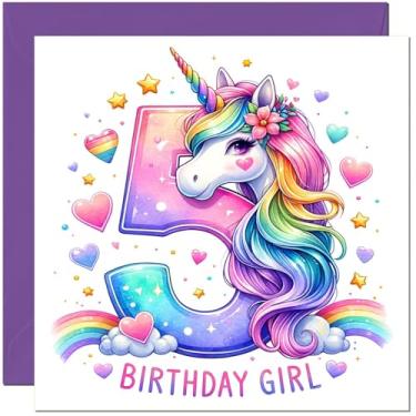 Imagem de 5th Girls Birthday Cards - Cartão de aniversário de unicórnio com números de unicórnio de coração arco-íris para crianças de 5 anos de idade de cinco, quinto