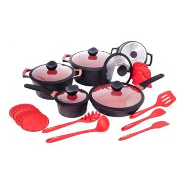 Imagem de Jogo de Panelas Anteaderentes Moncoc D`Lucca, Italiana e Utensílios de Cozinha com 22 Peças Fundo Triplo, Inox, Alumínio, Titâneo, Pedra, Cerâmica. (Preto e Vermelho)