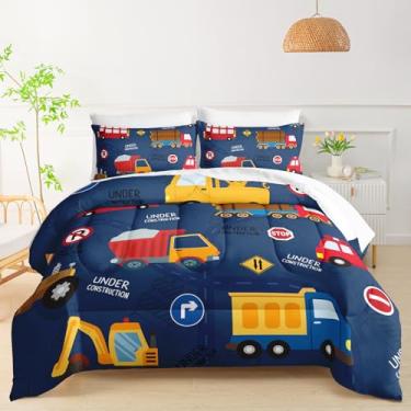 Imagem de QOOMO Conjunto de edredom de construção, tamanho casal, escavadeira, para crianças, adolescentes, inclui 1 edredom, 1 lençol com elástico, 1 lençol de cima, 2 fronhas estampadas e 2 fronhas brancas