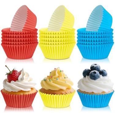 Imagem de 300 peças de forros de cupcake vermelhos, amarelos e azuis, mini muffins, envoltórios para festa de aniversário de carnaval vintage, papéis de cupcake descartáveis vibrantes para decorações de festa
