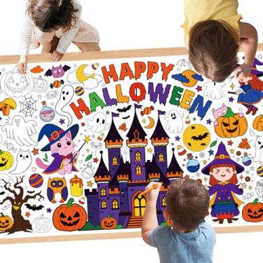 Imagem de Pôster gigante para colorir Happy Halloween - Toalha de mesa grande para colorir fantasma de castelo de 75 x 188 cm para crianças, brinquedo de jogo infantil fofo de abóbora gato morcego para