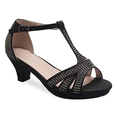 Imagem de Sandália feminina Olivia K de couro com glitter, bico aberto, tiras no tornozelo, tira em T, salto gatinho (bebê/menina), Black Rhinestone, 9 Toddler