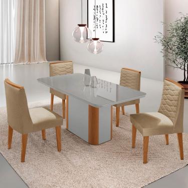 Imagem de Mesa de Jantar Isadora 120cm Tampo Canto Copo MDF Vidro com 4 Cadeiras Eloise