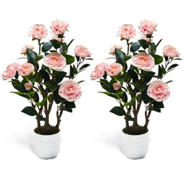 Imagem de Howngyesimu Pacote com 2 camélias artificiais, planta de camélia falsa de 6 m em vaso com flores rosa para primavera, casa, porta da frente, decoração interna ao ar livre, rosa