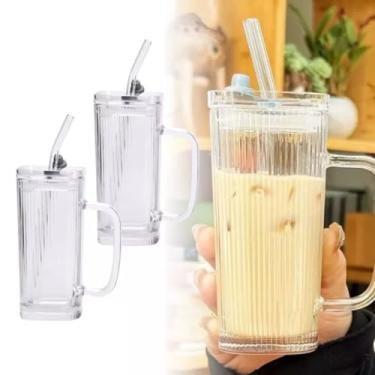 Imagem de Conjunto 2 Copos Com Canudo Tampa Alça Suco Vedação Silicone Vidro Canelado Frizado 250ml Grafiato Reutilizáveis Café Gelado Ideal Cerveja Uísque Presente Copo