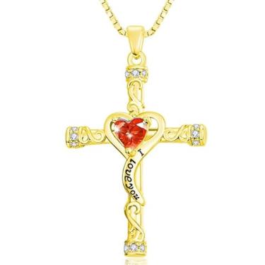 Imagem de VANAODUC Colar feminino com cruz de pedra do mês de nascimento, ouro 14K, ouro branco 18K, ouro rosa, pingente feminino I Love You, presente de aniversário e Natal para sua mãe, esposa, namorada