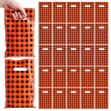 Imagem de Kosiz 100 peças de sacos de plástico de Dia de Ação de Graças, outono, Halloween, laranja, preto, búfalo, xadrez, com alça para lembrancinhas de festa, saco de presente de doces para outono, Dia das