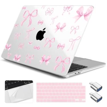 Imagem de Yebiseven Capa para MacBook Air 13,6 polegadas M4/M3/M2 2025 2024 2023 2022 lançado A3240/A3113/A2681, capa rígida para laptop com capa de teclado e protetor de trackpad e 2 adaptadores OTG, laço rosa
