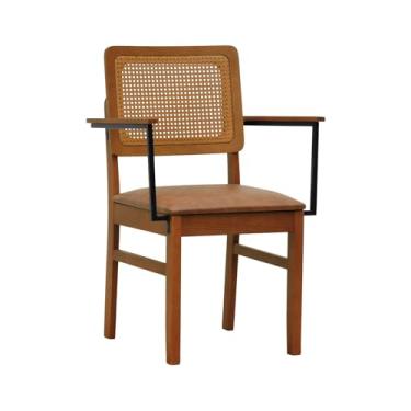 Imagem de Cadeira Lyon Madeira Maciça Encosto Telinha Amêndoa c/Braço Metal - Amêndoa - Assento Estofado Corano Marrom Mescla