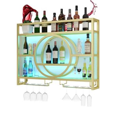 Imagem de Rack de vinho montado na parede com rack de copo de vinho prateleiras de bar flutuante para garrafas de bebidas com luz LED prateleira de exibição de garrafa de licor armário de bar de parede mini bar