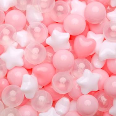 Imagem de GOGOSO Bolas de plástico para poços de bolas, formato de coração de estrelas para crianças pequenas, rosa claro rosa claro branco transparente, 200 peças