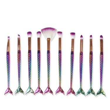 Imagem de Kit 10 Pincéis Maquiagem Metalizado Sereia - Lns