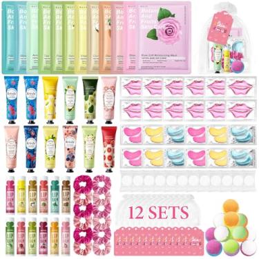 Imagem de 120 peças de artigos de festa de spa para meninas, lembrancinhas de festa de spa incluem máscaras faciais, cuidados com a pele, creme para as mãos, protetor labial, máscara labial, bombas de banho